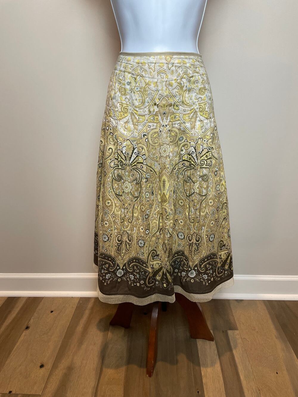 Talbots Flare Skirt Size 12 Tan Gold Cotton Tulle Hem Trim Boho Lined